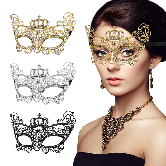 Sibba 3 Pieces Mascarade Masks for Women Lace Venetian Eye Masked Lady Girl Masquerade Dress-Up Accessories Mask Ball Halloween Costume Fancy Carnival Party Evening Prom Silver Black Gold(Crown Style)