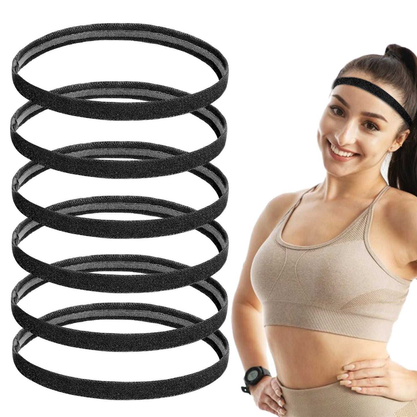 6pcs Thin Sports Elastic Headbands Black Skinny Athletic Exercise Hair Bands No Crease Soft Hair Bands Headbands Yoga Sweatband for Men Women Workout Running Football Basketball Soccer Tennis Sports