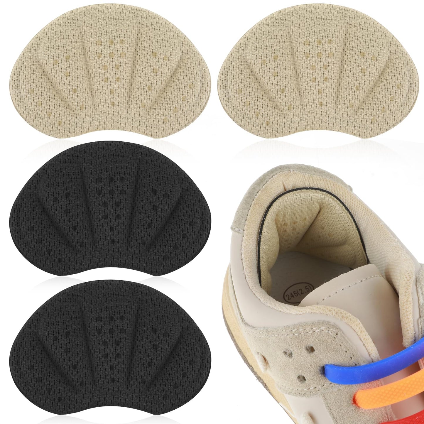 2 Pairs Shoe Heel Cushion Pads Inserts, Self-Adhesive Shoe Inserts, Shoe Liners Heel Grips Inserts for Women Men to Loose Shoes Too Big, Anti-Slip Heel Guards Improve Shoe Fit (Black, Beige)