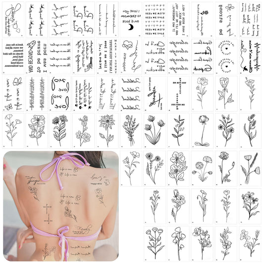 60 Sheets Realistic Tattoos Removable Temporary Tiny Small Fake Tattoos Inspirational Words Fake Tattoo Cute Wild Flower Leaf Floral Bouquet Tattoos Stickers for Adult Women Teen Hand Face