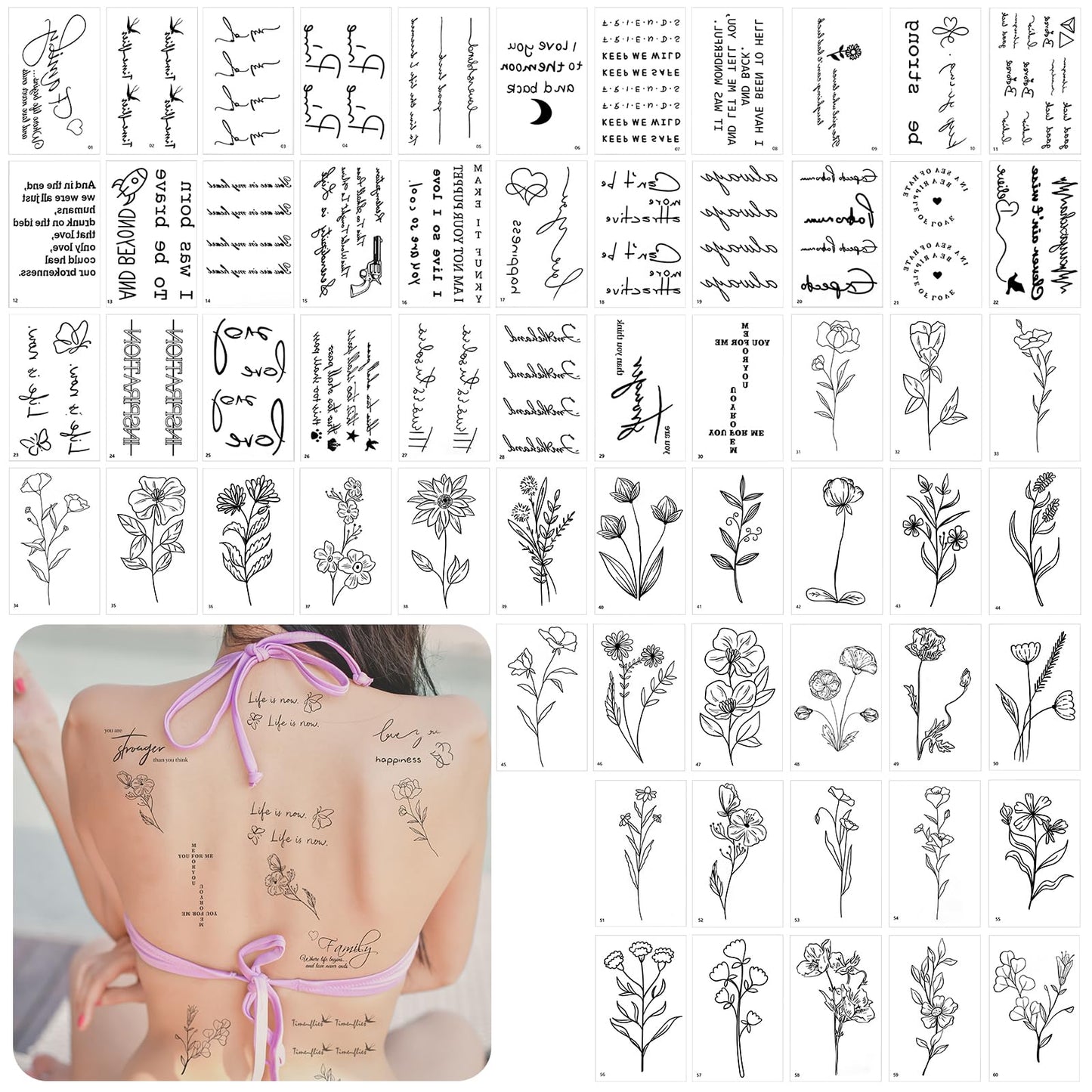 60 Sheets Realistic Tattoos Removable Temporary Tiny Small Fake Tattoos Inspirational Words Fake Tattoo Cute Wild Flower Leaf Floral Bouquet Tattoos Stickers for Adult Women Teen Hand Face