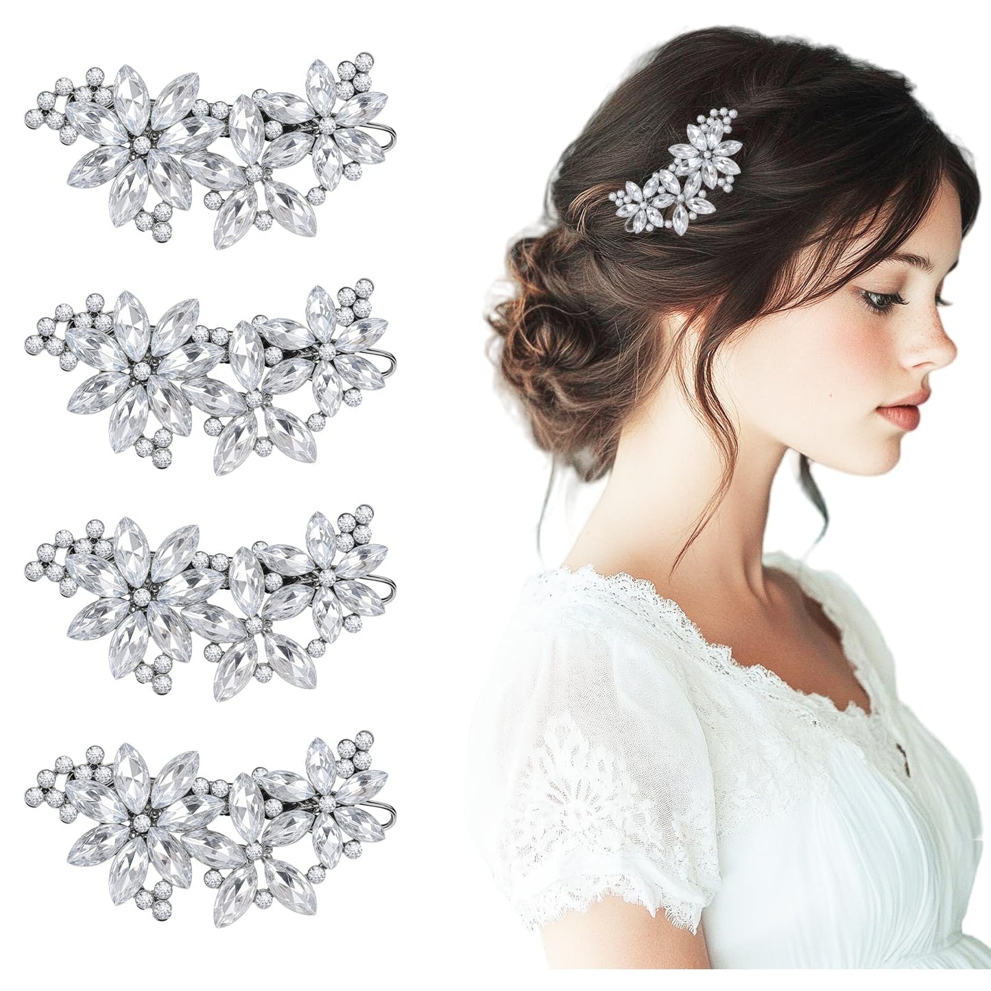 COMNICO Bridal Hair Clips, 4Pcs Crystal Flower Bride Wedding Hair Accessories Sparkle Silver Hair Pins Rhinestone Flower Wedding Headpiece for Brides Women Girls for Wedding Parties Festivals