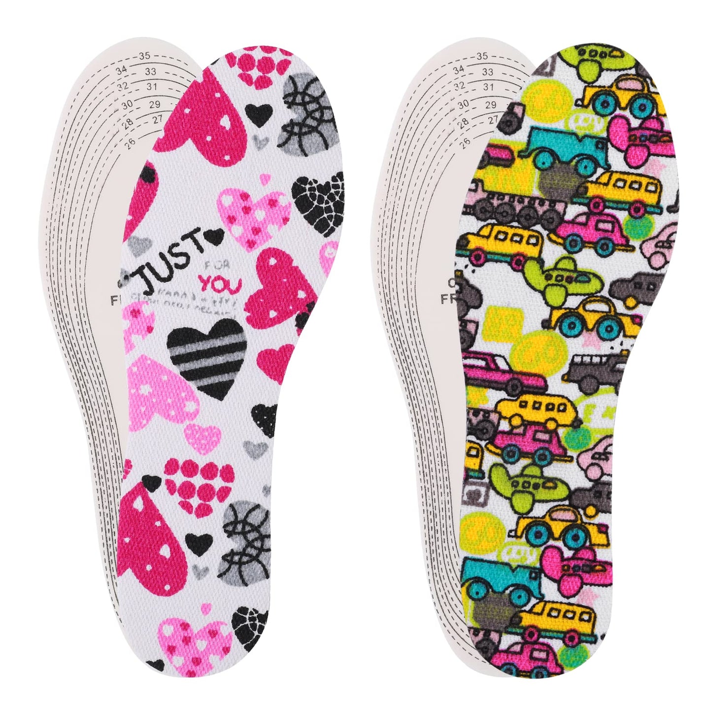 Sibba Shoe Inserts Foot Pad Sole Insoles Replacement for Big Sneaker Heel Grips Cushion Cuttable Size Comfort Memory Foam Liners Feet Treatment for Kids Women (1 Heart 1 Car Pattern)