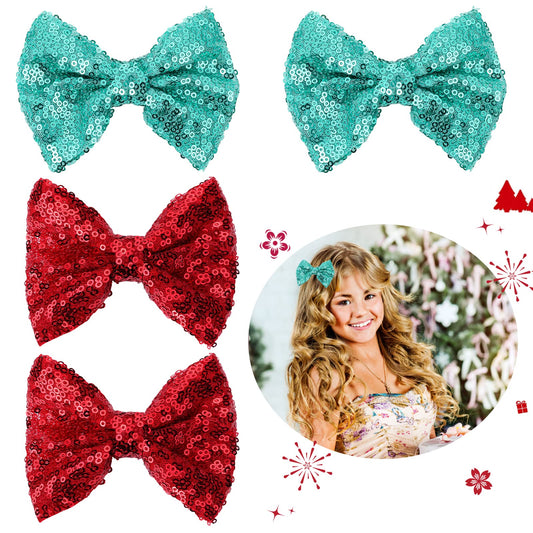 Sibba Glitter Hair Bows Clips 4 Pieces Little Hair Pins Barrettes 4 Inch Sequins Sparkly Lace Nylon Mesh Alligator Hairbows Ponytail Holder Easter Accessories for Baby Toddlers Girls (Blue)