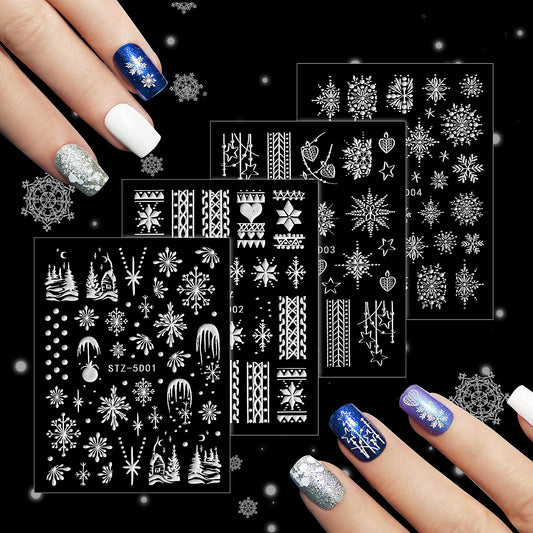 Sibba 5D Stereoscopic Embossed Snowflake Nail Art Stickers 4 Sheets Christmas Nail Decals Hollow Exquisite White Snowflakes Tips Acrylic Nail Art Supplies for Women Girl DIY Nail Relief Decorations