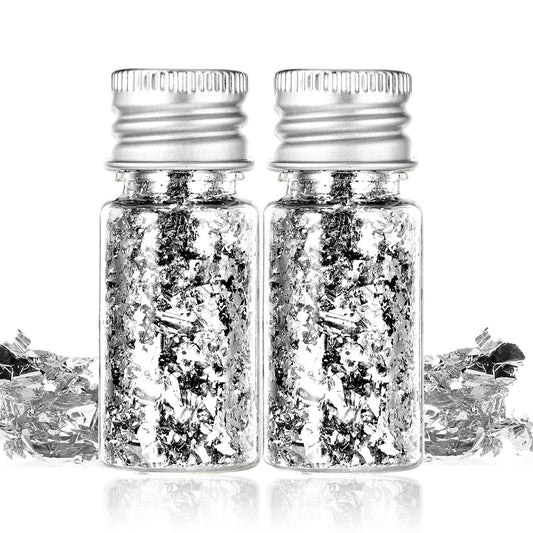 2Pcs Imitation Gold Foil Flakes Cake Glitter Gold Leaf Sheets Nail Art Gold Foil Flakes Gold Leaf Paper Baking Decoration for Cooking Dessert Cupcakes Chocolate (Silver)