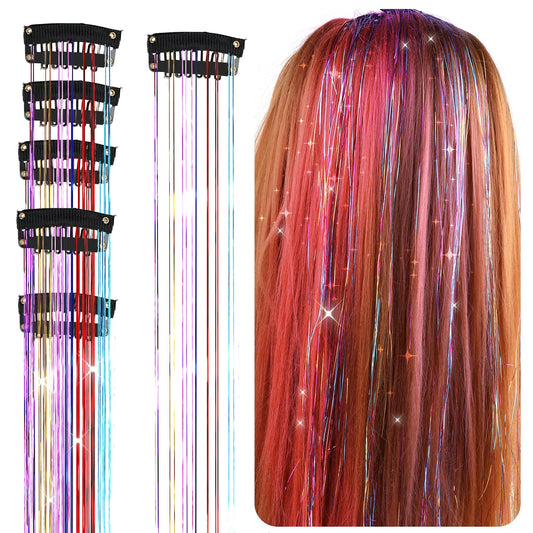 Clip in Hair Tinsel Kit, 6Pcs Heat Resistant Glitter Tinsel Hair Extension with Clips, Shiny Tinsel Hair Extensions Sparkle Festival Dazzle Hair Accessories for Party, Christmas, Halloween, Cosplay