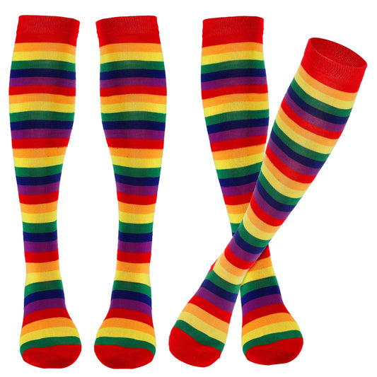 Sibba Striped Long Socks Tights Costume 2 Pairs Color Sox Stockings Shoes Warm Winter Accessories Red Knee-High Valentines Day Easter Clothes Gothic School Cosplay Party Girl Women (Rainbow Color)