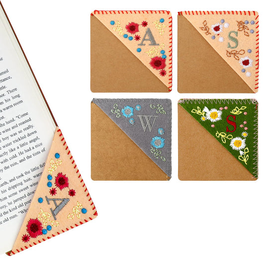 4 Pcs Felt Triangle Page Bookmark Personalized Hand Embroidered Corner Bookmark Cute Flower Embroidery Page Markers Letter Handmade Book Marker for Reading Lover Student Teacher Retirement