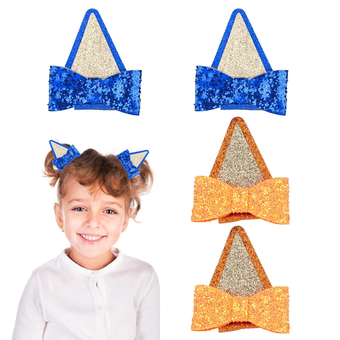 4 Pcs Ears Hair Clips Adorable Glitter Hair Barrettes Cute Sequin Bow Hairclips Themed Parties Hair Styling Accessories for Cartoon Cat Dog Costumes Character Dress Up