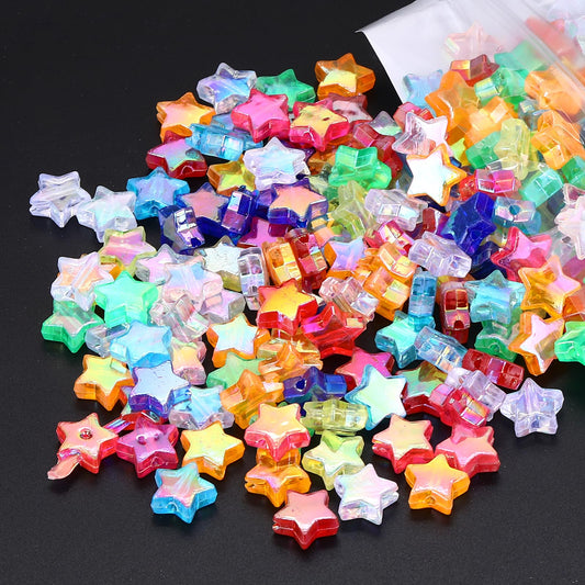 Dimeho 220 Pcs Acrylic Star Beads Clear Star Shape Charming Beads 10 mm AB Colors Loose Beads Cute Mix Colorful Star Spacer Beads for Jewelry DIY Crafts Making Necklace Bracelet Earrings(1Roll Cord
