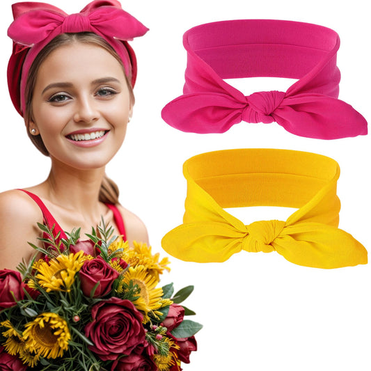 2 Pieces Bow Headbands for Women Elastic Headwraps Rabbit Ears Hair Bands Solid Color Turban Boho Headband Fashion Sport Cute Hair Accessories