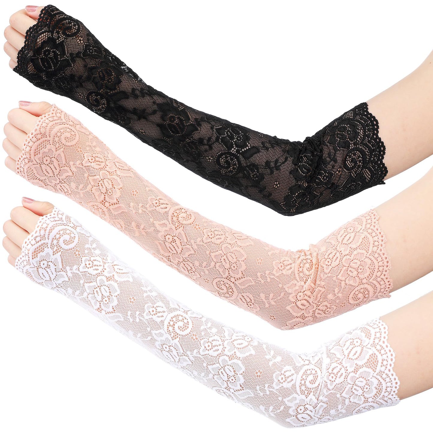 YUXIANLB Lace Arm Warmers Long Fingerless Lace Sleeves 3 Pairs Arm and Leg Accessories Breathable Arm Cover Elbow Sun UV Protection for Women Wedding Party Outdoor Sports Activities, Black, Pink and