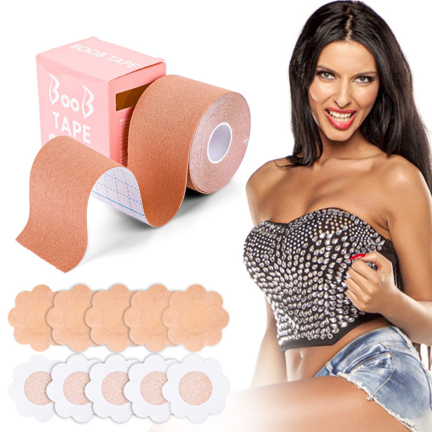Sibba Boob Tape for Breast Lift Boobytape with 10 pcs Bra Nipple Tape Petals Covers Stickers Sweatproof Athletic Tape Reusable Adhesive Breathable Bob Tape Large Chest Breasts A-E Cup Nude
