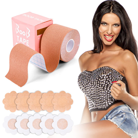 Sibba Boob Tape for Breast Lift Boobytape with 10 pcs Bra Nipple Tape Petals Covers Stickers Sweatproof Athletic Tape Reusable Adhesive Breathable Bob Tape Large Chest Breasts A-E Cup Nude