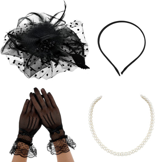 Sibba 3Pcs Women's Fascinators Hats Feathers Veil Mesh Hat Lace Gloves Pearl Choker Necklace Tea Party Clip Headpiece Hair Accessories for Party Church Wedding, Black, One size
