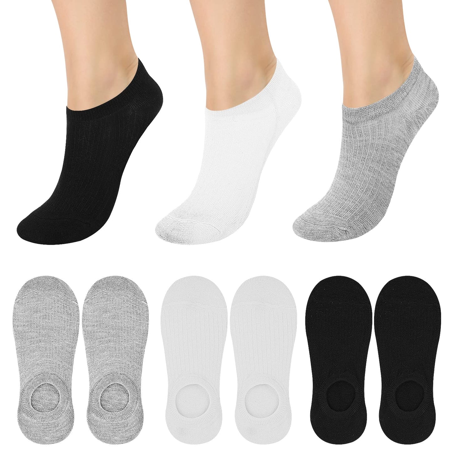 Sibba 6 Pairs Bottom Low Socks Invisible Non-slip Cotton No Show & Liner Ankle Socks Autumn Winter Warm for Women Casual For Indoor/Outdoor Sports Walking Running (Black White Grey)