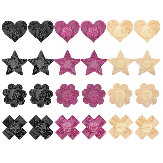 COMNICO 24pcs Glitters Pasties Nipple Covers Disposable Sticky Breast Stickers No Show Breast Coverings Petals Heart Stars Shape Bra Pad for Women Rave Party