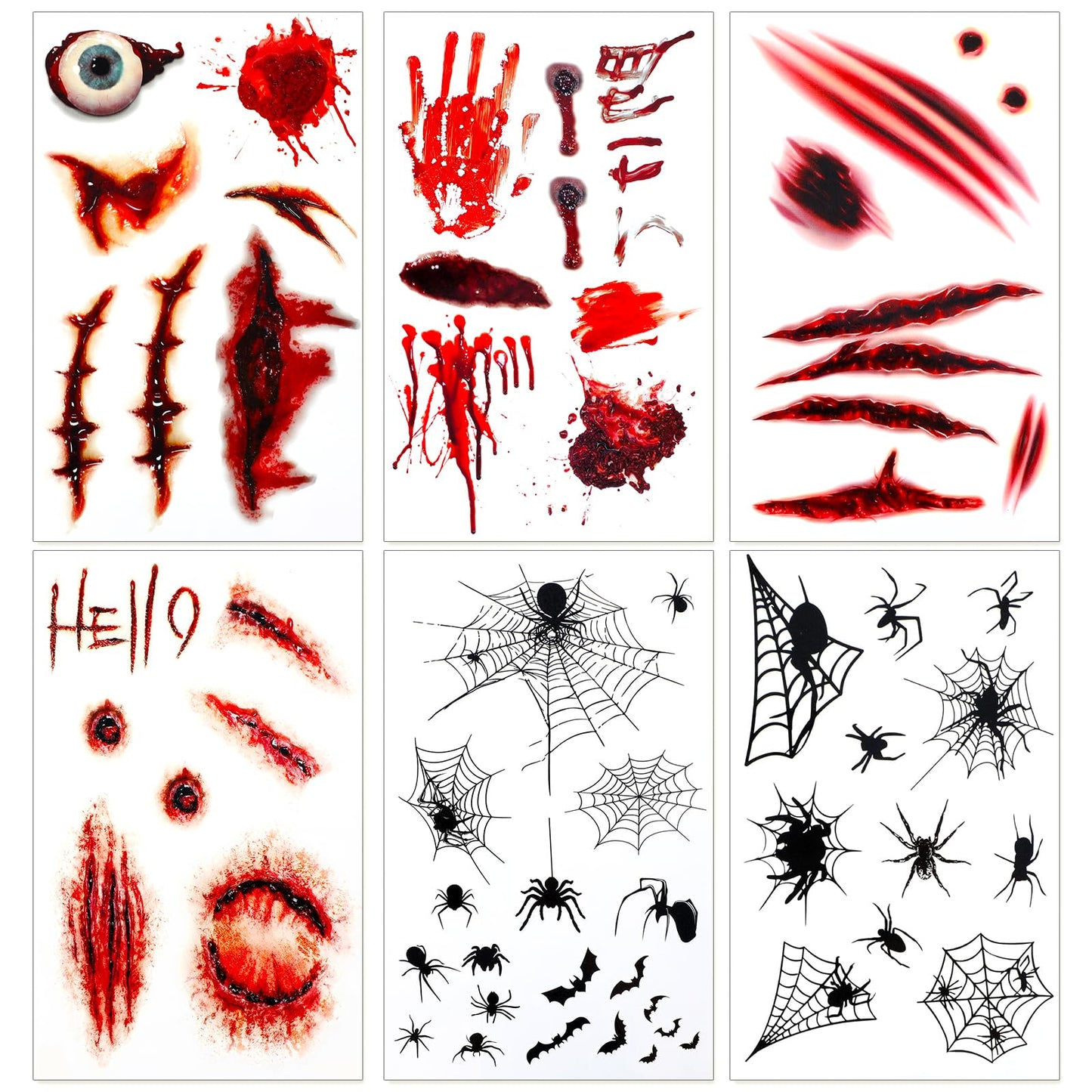 Sibba Temporary Tattoos 6 PCS Face Makeup Tattoo 3D Realistic Halloween Scar Spider Sticker Body Art Fake Wound Stickers Easter Party Tatoos Long Lasting Finger Hands Sticker Adults Sleeve Women