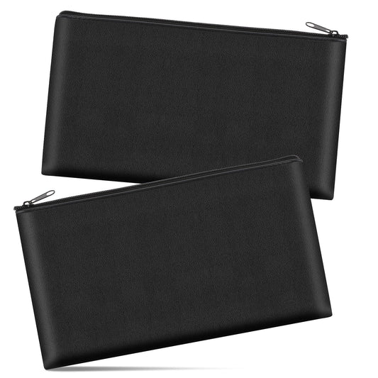 Dimeho 2 Pack Moneys Bags with Zipper Fireproof Moneys Pouch Bank Deposit Bag PU Leather Waterproof Safe Zippered Pouch for Cashs Check Documents Valuables Bag Black (11 x 6 Inches)