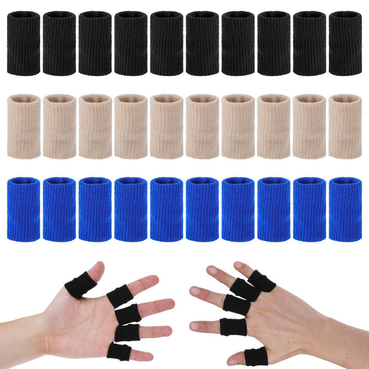 Dimeho 30 Pcs Finger Compression Sleeves, Elastic Thumb Splint Finger Brace Support Protector for Pain Relief Sport Finger Sleeve Breathable Elastic Finger Tape (Black/Blue/Skin)