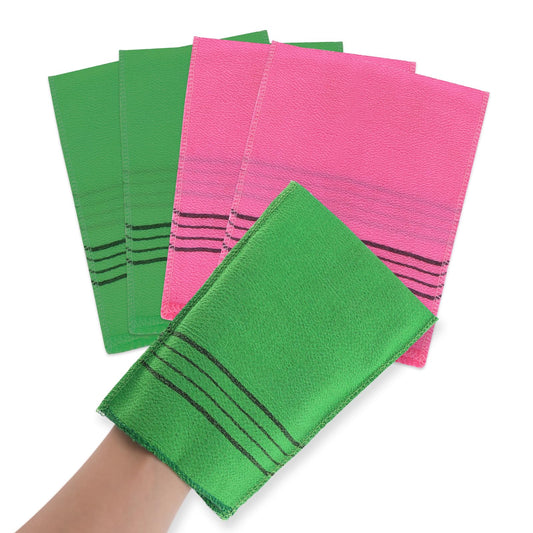 COMNICO 4PCS Exfoliating Body Scrubber, Korean Asian Exfoliating Bath Washcloths Mitt Viscose Rayon Towel Glove Bath Sponge for Dead Skin (2Green+2Red)