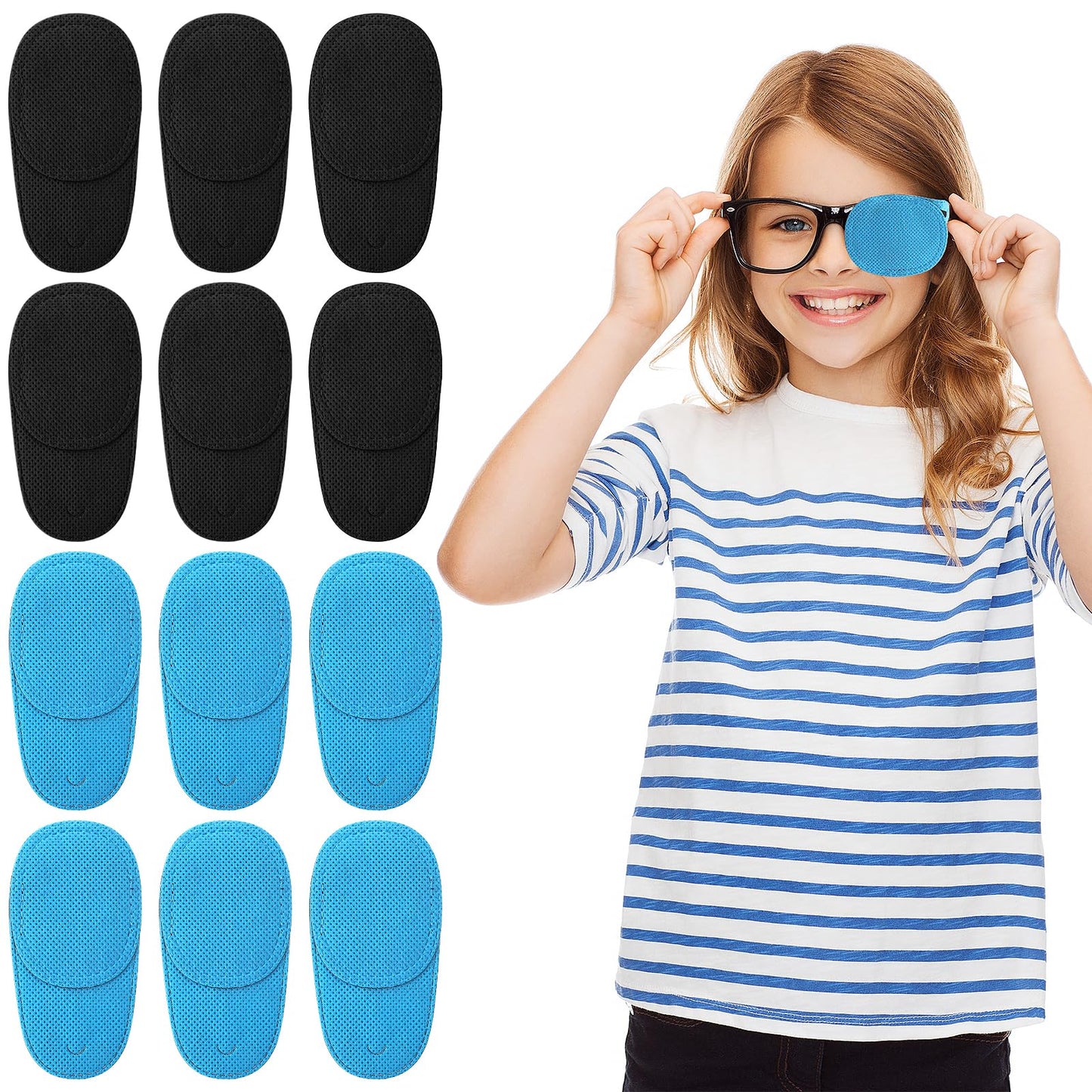 COMNICO 12 Packs Flat Eye Patches for Glasses Lazy Eye Strabismus Left Right Eye Patch Eye Treating After Recovery Eye Patch for Kids Girls Boys(Blue,Blcak)