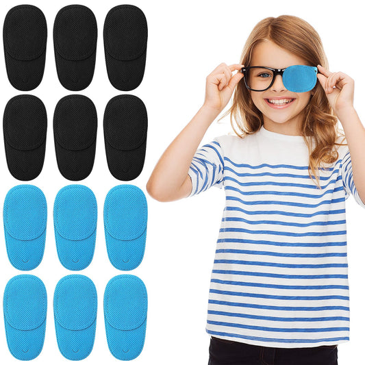 COMNICO 12 Packs Flat Eye Patches for Glasses Lazy Eye Strabismus Left Right Eye Patch Eye Treating After Recovery Eye Patch for Kids Girls Boys(Blue,Blcak)
