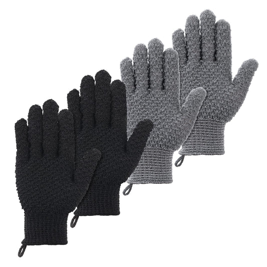 Sibba 2 Pairs Bath Exfoliating Gloves, Body Scrub Shower Scrubber with Hooks, Loofah Shower Glove, Spa Exfoliating Gloves for Women Men (Black&Grey)