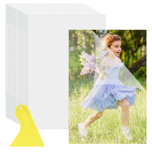 Dimeho 50 Pack Self Sealing Laminating Sheets 4x6 No Machine Self Adhesive Clear Laminate Sheet No Heat Transparent Gloss Finish Waterproof Laminator Sheets for Business Card Photo Stickers(Frosted)
