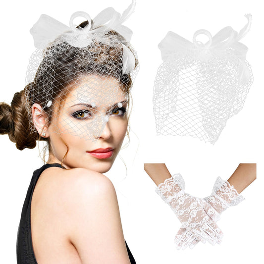 Sibba Fascinators for Women, 1920s Tea Party Hat and Short Lace Gloves Feathers Veil Mesh Headband Floral Lace Gloves for Wedding, Party(White)