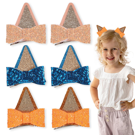 Dimeho 6 Pcs Halloween Hair Clips Cute Glitter Hair Barrettes Adorable Blue Ears Sequin Bow Hairclips Themed Parties Hair Styling Accessories for Cat Dog Costumes Cartoon Character Dress Up