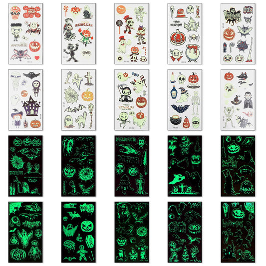 Sibba 20 Sheets Halloween Temporary Tattoos For Kids Luminous Halloween Fake Tattoos Glow In The Dark Halloween Tattoo Stickers Ghost Spider Pumpkin Skeleton-Pattern Party Supplies Favors Decorations