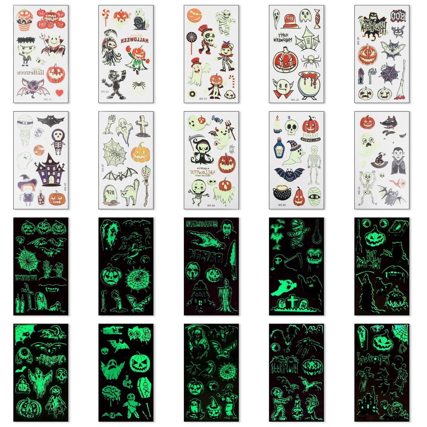 Sibba 20 Sheets Halloween Temporary Tattoos For Kids Luminous Halloween Fake Tattoos Glow In The Dark Halloween Tattoo Stickers Ghost Spider Pumpkin Skeleton-Pattern Party Supplies Favors Decorations