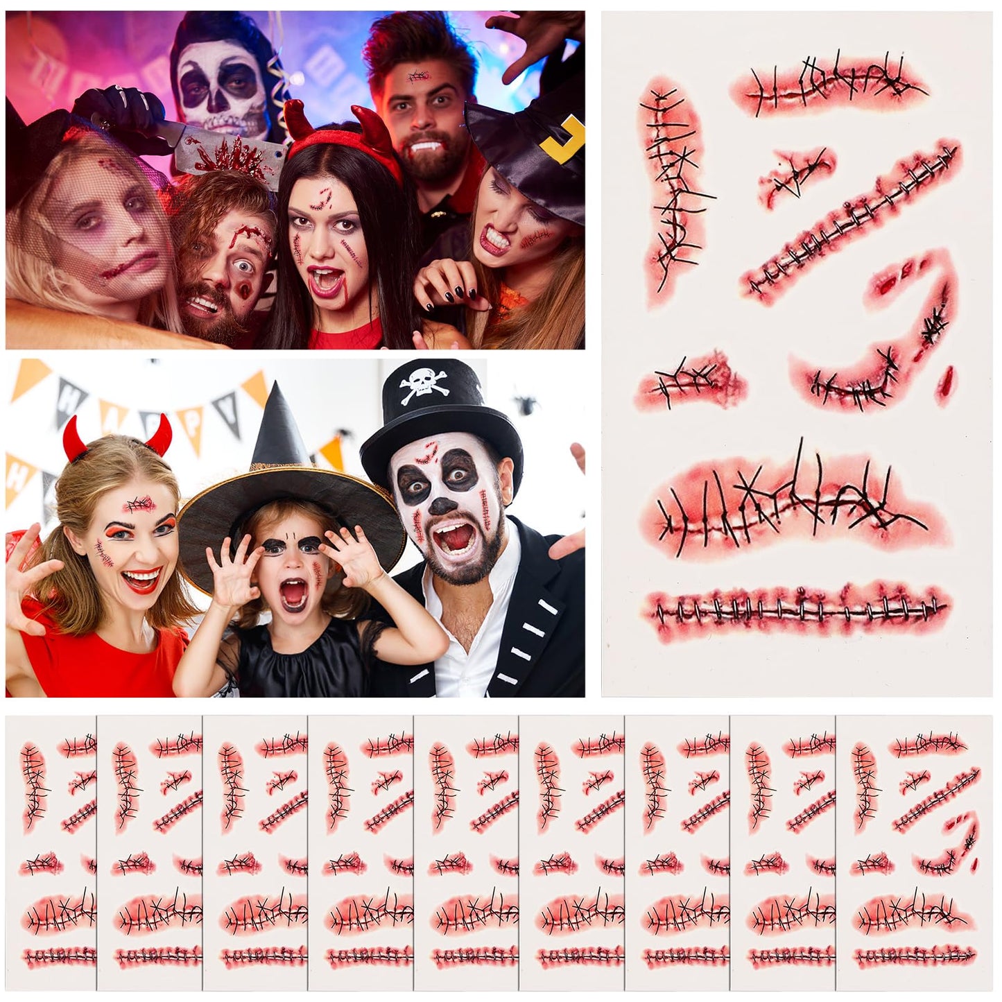 Sibba Temporary Tattoo Stickers 10 PCS Halloween Fun Party Hand Face Mouth Body Scar Props Paper Fake Simulation 3d Effect Nightclub Photograph Sweatproof Makeup