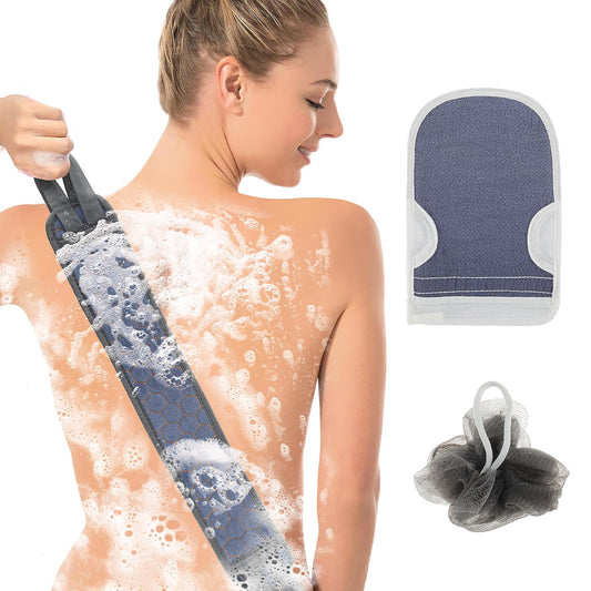 Sibba 3 PCS Loofah Back Pulling Strip Scrubber Towels Bath Balls Sponge Shower Body Exfoliating Flat Puffs Washing Long Handle Stick Bathing Brush Set Large Deep Exfoliation Scrubs Exfoliator