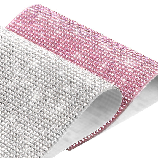 COMNICO 2 Pieces Bling Rhinestone Sheet Self Adhesive Glitter Crystal Car Decoration Gem Stickers 7.9 × 4.7 Inch Gem Sheet Diamond Stickers for Car&Craft Decoration Women DIY Home (Pink and Silver)