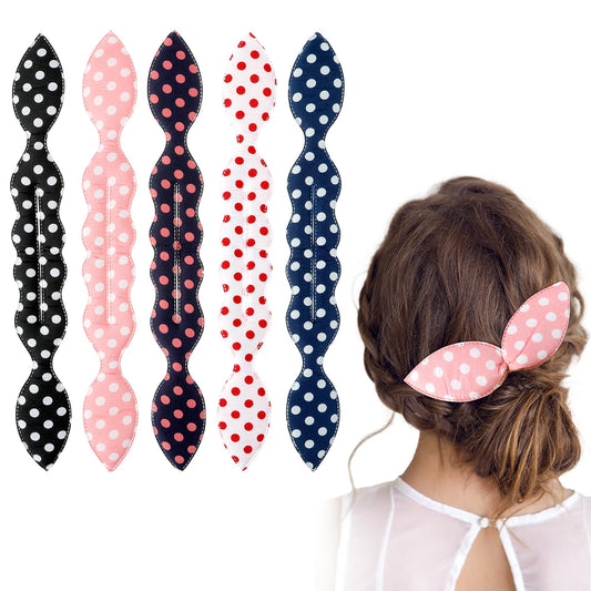 Dimeho 5Pcs Deft Hair Bun Maker, French Twist Donut Hair Braiding Tools Rabbits Ear Hair Bun Shaper Hair Twister Flexible Polka Dot Hair Bun Holder Quick Hair Styling Accessories for Women Hair Curler