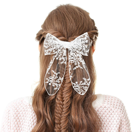 White Lace Hair Bow Clips for Women, Cute Tulle Bow Barrettes, Women Ribbon Bows Hair Accessories for Girls Toddlers Teens Kids
