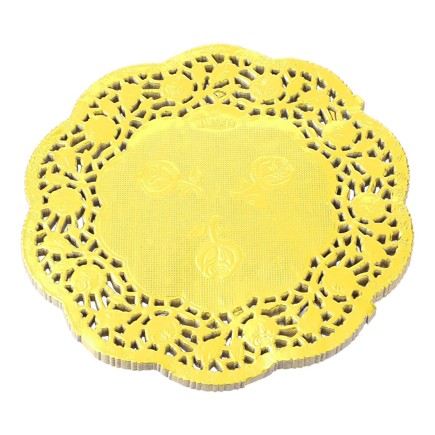 COMNICO Paper Doilies, 100 Pcs Round Rose Lace Disposable Paper Placemats Gold Doily Pad Tableware Food Decoration for Cakes Crafts Weddings Party (4.5 inches)