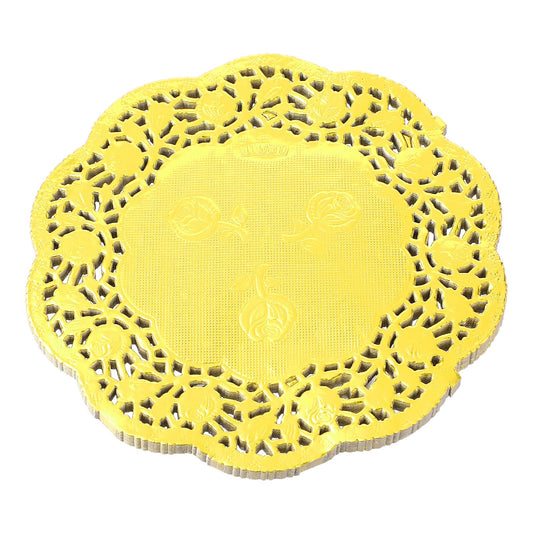 COMNICO Paper Doilies, 100 Pcs Round Rose Lace Disposable Paper Placemats Gold Doily Pad Tableware Food Decoration for Cakes Crafts Weddings Party (4.5 inches)