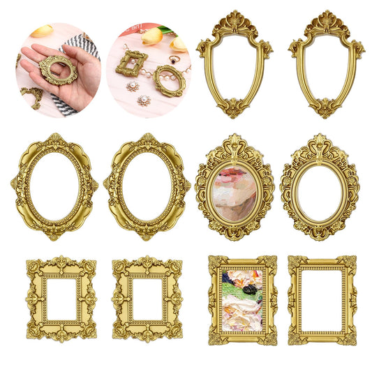 Sibba Vintage Resin Picture Frame 10 PCS Mini Gold Baroque Small Antique Ornaments Table Top Jewelry Display Oval Rectangle Wall Hanging Photography Holder for DIY Photo Christmas Home Decor