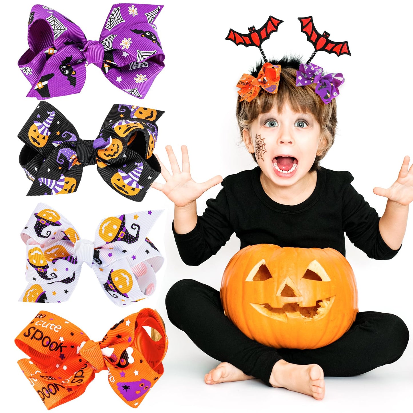 Sibba 4 Pieces Halloween Christmas Bow Hair Pins Halloween Hair Bows Clip Pumpkin Bat Pattern Boutique Clip Halloween Barrette Accessories for Girls