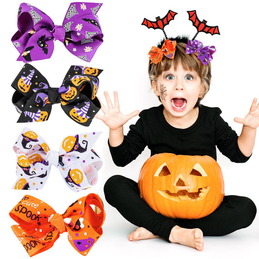 Sibba 4 Pieces Halloween Christmas Bow Hair Pins Halloween Hair Bows Clip Pumpkin Bat Pattern Boutique Clip Halloween Barrette Accessories for Girls