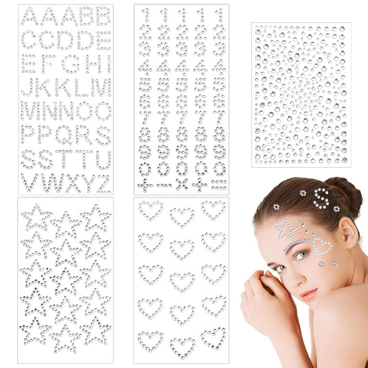 5Pcs Rhinestone Stickers Heart Numbers Letters Sticker Self-Adhesive Glitter Alphabet Jewels Decal Crystal Gemstone Border Art Sticker for Face Makeup Body Nail Craft Clothes Festival Decors