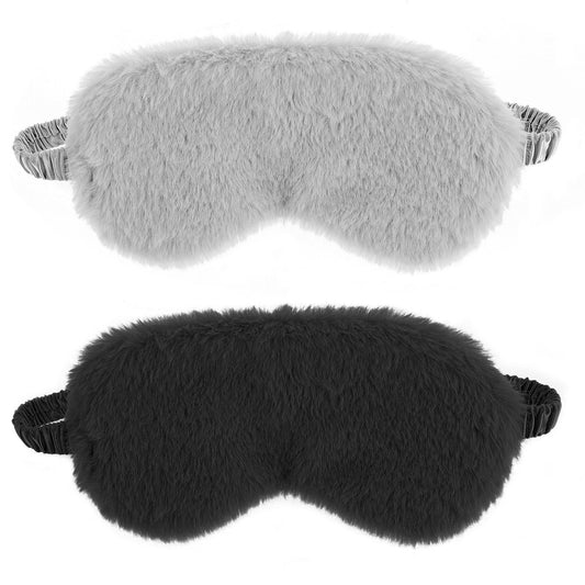 2 Pcs Plush Eye Mask Soft Sleeping Blindfold Eye Cover Comfortable Furry Faux Fur Sleeping Mask Satin Nap Night Eyeshade Cover for Women Men Gift (Black, Gray)