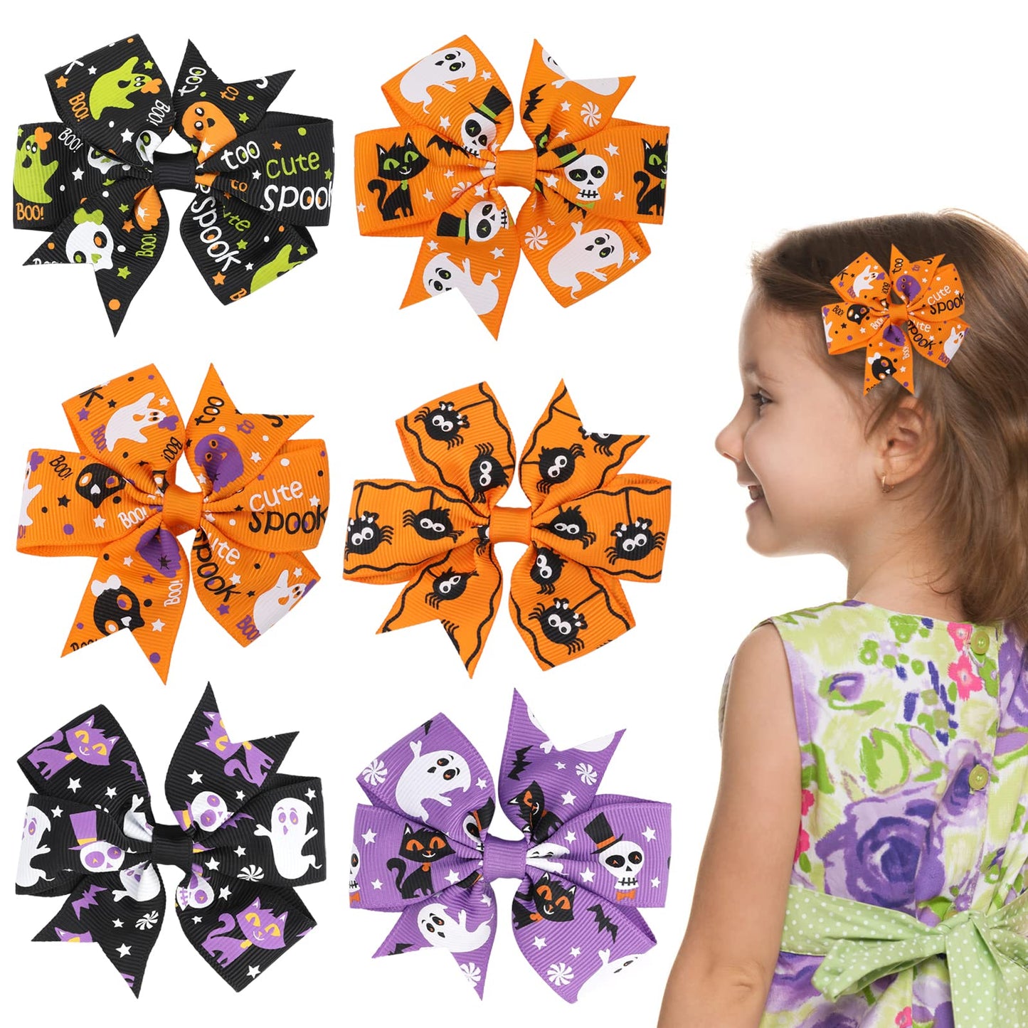 Sibba 6 Pieces Halloween Bow Hair Pins Halloween Hair Bows Clip Pumpkin Bat Pattern Boutique Clip Halloween Barrette Accessories for Girls