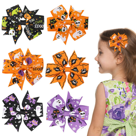 Sibba 6 Pieces Halloween Bow Hair Pins Halloween Hair Bows Clip Pumpkin Bat Pattern Boutique Clip Halloween Barrette Accessories for Girls