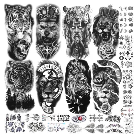 Sibba 28 Sheets Halloween Black Temporary Tattoos For Men Women 3D Realistic Large Tattoo Stickers Skull Flower Snake Lion Tiger Temp Tattoo Waterproof Arm Neck Body Lasting Fake Tatoos
