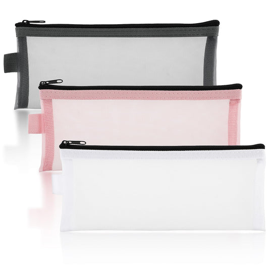 Sibba 3 Pieces Pencil Case Set, Clear Exam Pencil Pouch, Nylon Mesh Zipper Pen Storage Pouch, Makeup Bag for Women, Multipurpose Zipper Pencil Bags for Travel, Office Organization
